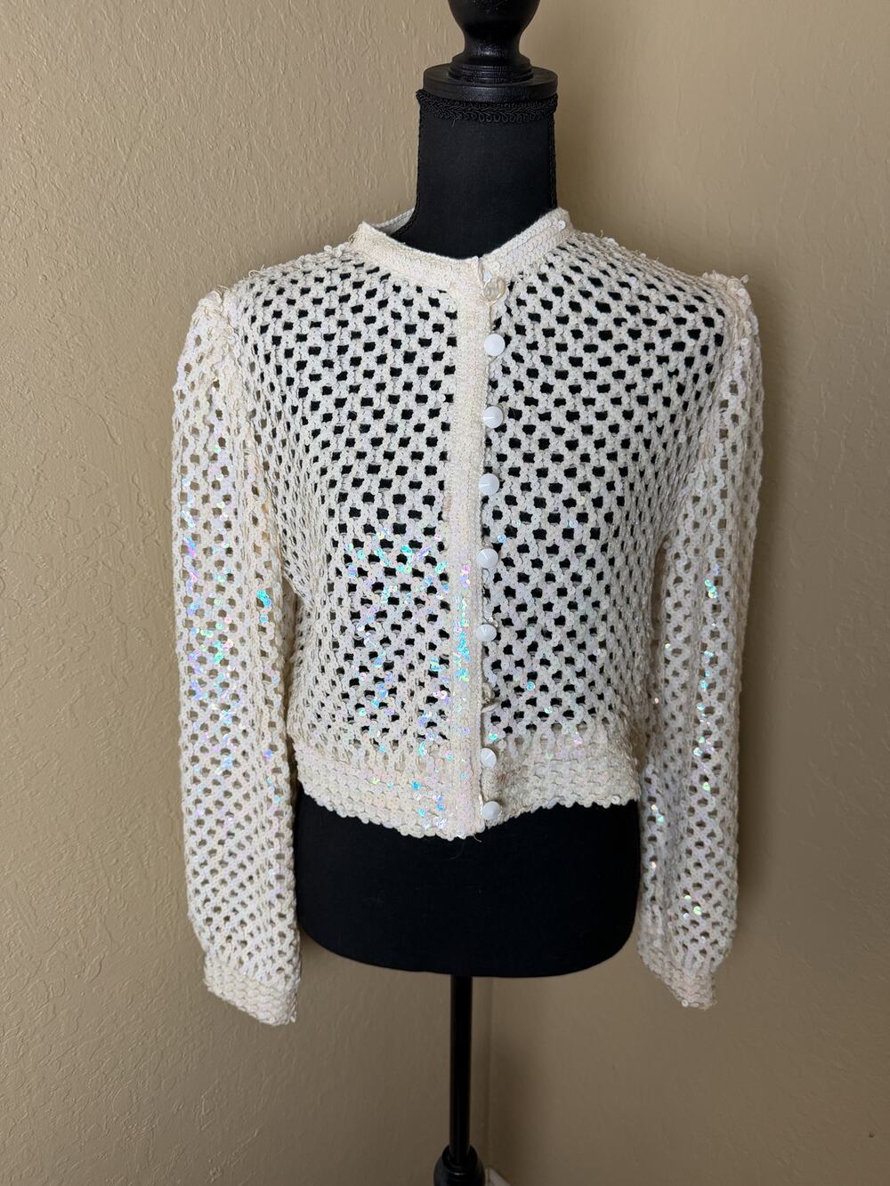 Harry Acton Party Collectibles Size 12 Ivory Sequin Crochet Cardigan Jacket